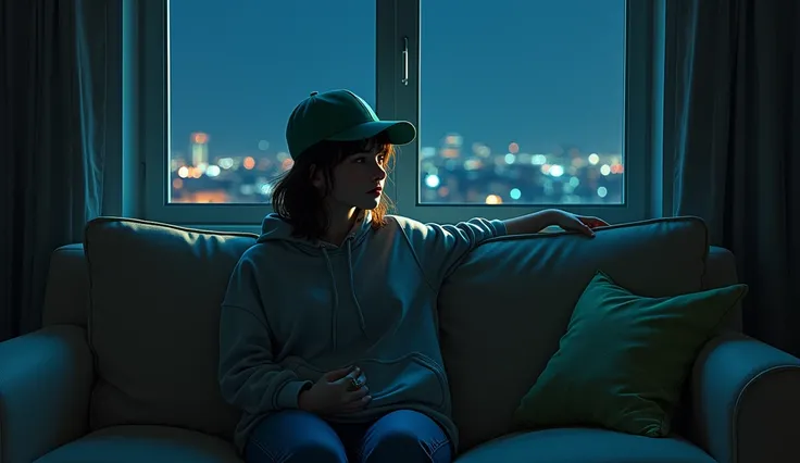 Room with night view from window, girl sitting in dimly lit room listening to music, wearing green baseball cap and grey hoodie and jeans, lo-fi, relaxing on sofa, dark environment