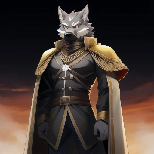 solo, male, wolf, gray colored fur, lean body, anthropomorphic, black muzzle, general coat, standing tall, generals stance, stern expression, experienced person 