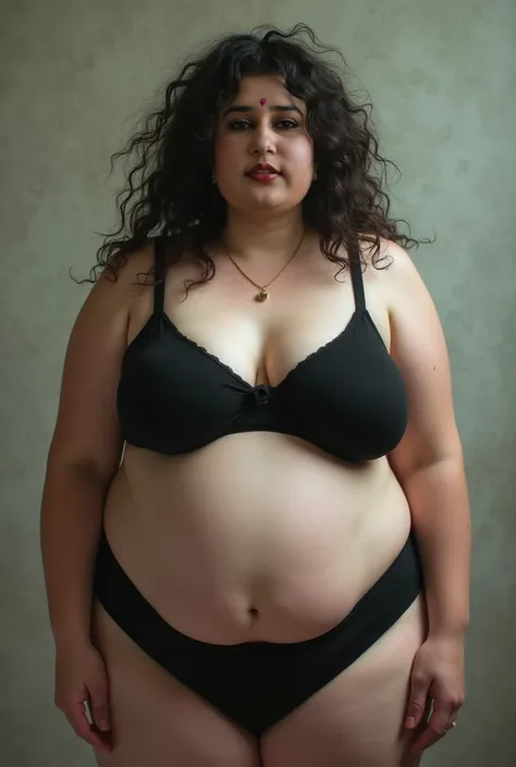 a woman,white skin,crawly hair,fatty,fat body,curvy, black bra,panty.