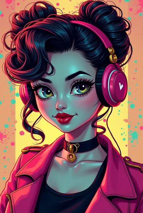 A visually striking digital illustration featuring a distorted, yet gorgeouse version of the iconic Rockabilly in dieselpunk, the character has expressive eyes and a curious, playful expression, set against a vibrant opulescent background inspired by the p...