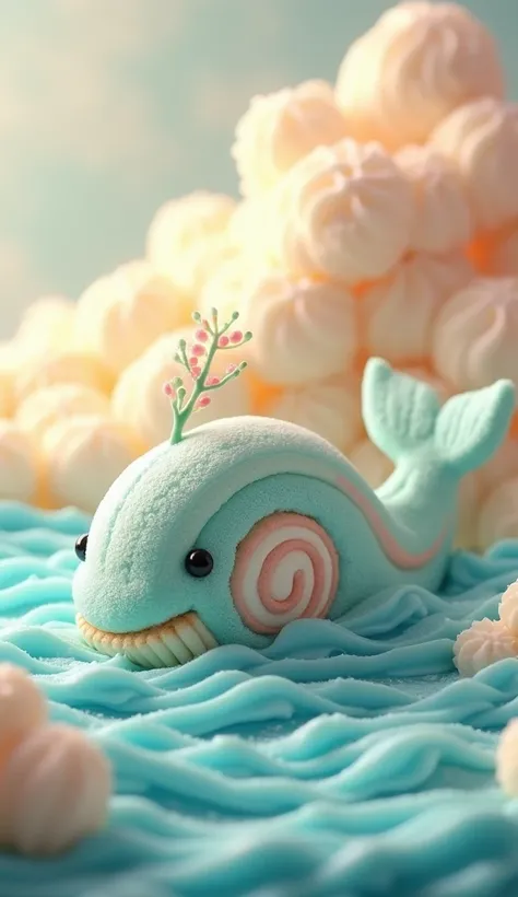 This image features a hybrid animal composed of a whale and a cake roll. The whale’s massive, oceanic form is cleverly constructed using layers of sponge cake, cream filling, and vibrant icing that mimic the appearance of a real whales sleek body. The cake...