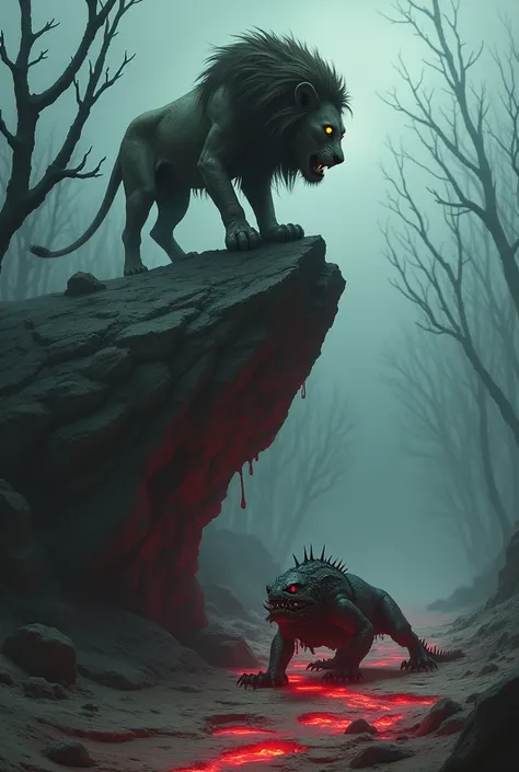 : "A chilling nature scene where a lion and a lizard appear in a haunting, desolate environment. The lion, emaciated and scarred, prowls atop a jagged, bloodstained rock under a dark, stormy sky. Its glowing eyes and ragged mane give it a sinister, otherwo...