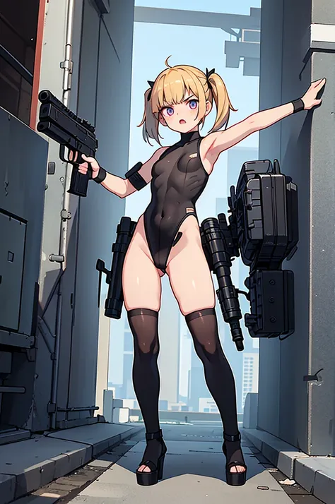 Ten_years_old girl, freckled skin, body freckles, fighting, angry scream, holding gun, ((tactic high cut leotard)), stockings, ((pale skin)) pigtails hair, team, soldier girl, ((standing)) front pose, ((fullbody)) sleveless, shoulderless, ((bulletproof leo...