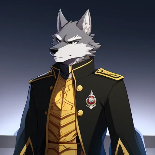 solo, male, wolf, gray colored fur, lean body, anthropomorphic, black muzzle, general coat, standing tall, generals stance, stern expression, experienced person 