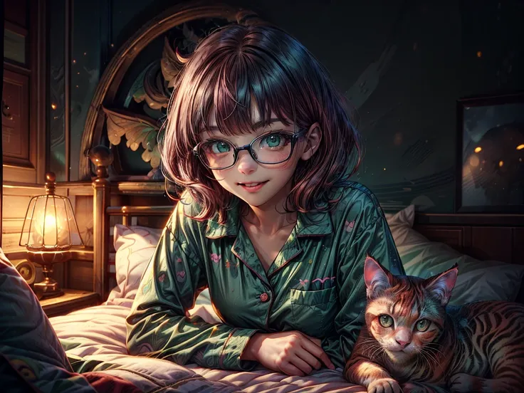  Red cat came to be friends with short ones,  red hair ,  green eyes ,  metal-framed glasses, green pajamas with buttons, smiling girl in bed .