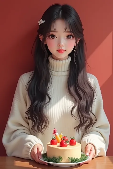        Asian Style、 Korean Style Idol 、 1 cute girl ,         my hair is long    、    my hem is wavy    、   My hair is parted in the middle    、Im serving a christmas cake 、   wearing a white high neck sweater ,     The background is a red wall  、   long h...