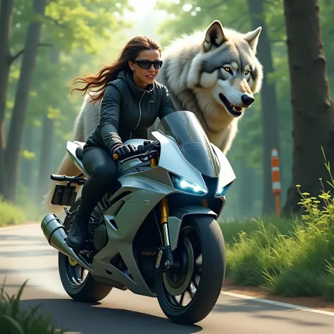 A wolf with wife wearing smart glasses riding on sports bike in beautiful forest street 