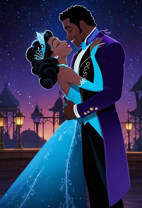 African American Disney character Doctor Facilier from Disneys "The Princess and the Frog" and Caucasian Disney character Elsa from Disneys "Frozen" share a steamy and passionate kiss. Both are clothed in their respective outfits. Facilier wears a dark sui...