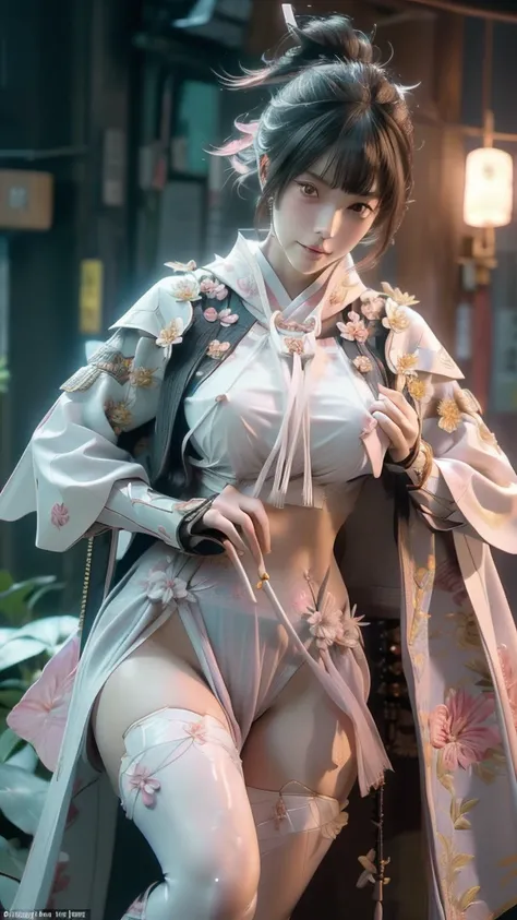  A sexy female character wearing white armor as a warrior from the Sengoku period 、((Messy bun hair))、((raven black hair))、((toned body))、(glistening skin)、 tight body、((mega breasts 1.8))、 plump breasts 、 plump thighs 、 The white armor with the Nadeshiko ...