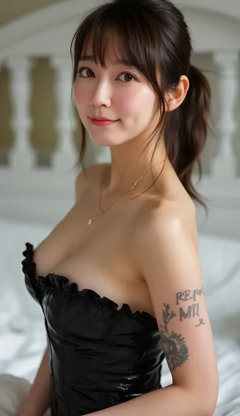 ((  high image quality、8k、master pee:1.3))、 1 girl、Beautiful woman with thin abs :1.3、( Everyday Hairstyle 、Super Boobs:1.4)、 bondage :1.2、 Ultra Fine Face 、Delicate eyes、 double eyelids 、Soft Breasts、Smiling face、 Super Exposed Cleavage、whole body、 bed、 b...