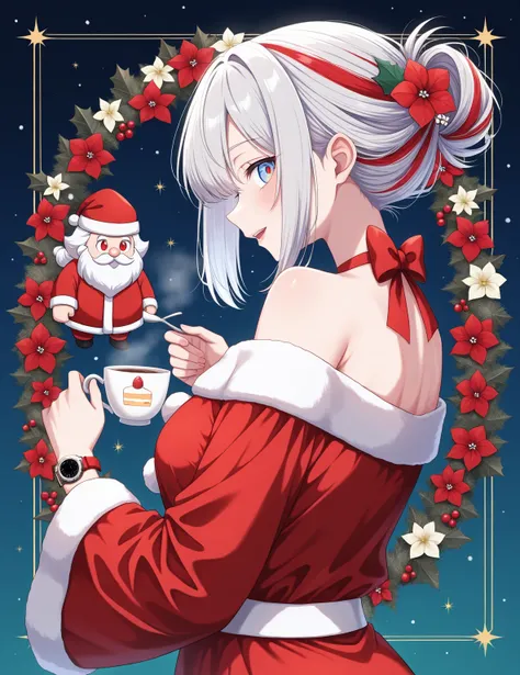  1 girl, ( Christmas)  chest,  Bare Shoulder  ,  Silver Hair,straight shaggy bob , chest,  clevis, clavicle,  front, flower,  hair flower, Head ornament,  Santa Claus cosplay, large chest,  Watch viewers,  medium hair up to buttocks,  off-shoulder , blue e...