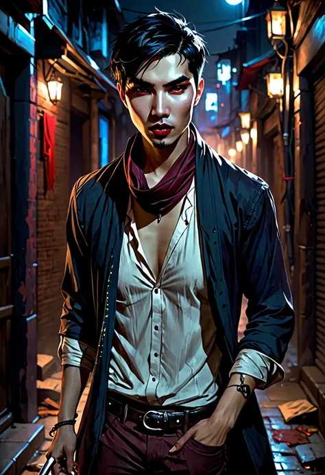 in the style of Charlie Bowater , vampire, young man, torn clothes, asian, knife in hand, agile, scarf around the neck and mouth, hidden in an alley at night