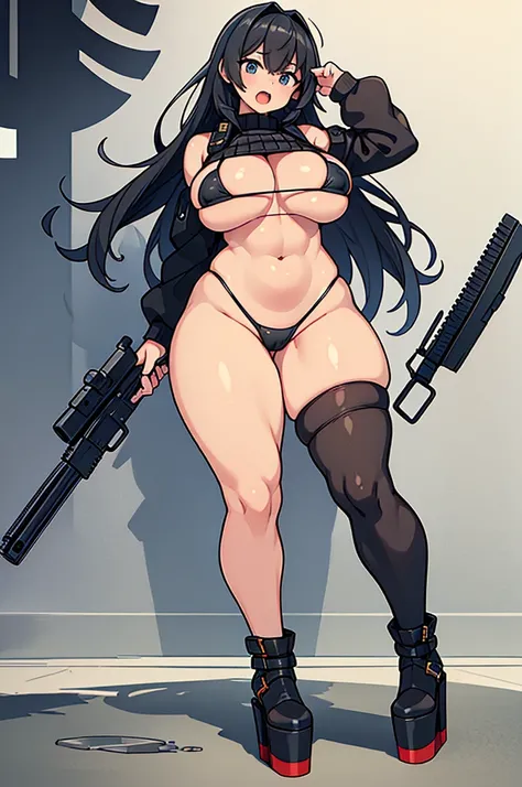 Exited, scream, Open mouth, young girl, Pullover, whole body to see, (( very wide hips)), (((colossal Thighs, gigantic thighs, very huge thighs, very big thighs))), fullbody, very Big breast, , firm breast, pigtail hair, military camouflage, soldier girl, ...