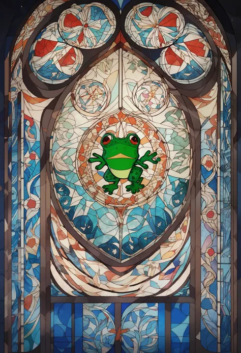 a close up of a  Stained Glass window with a Frog on it,  Stained Glass art,  Stained Glass style,  Stained Glass!!,  Stained Glass window!!!!!,  Stained Glass,  Stained Glass, Frog themed, green  Stained Glass, beautiful  Stained Glass window, Frog,  Stai...