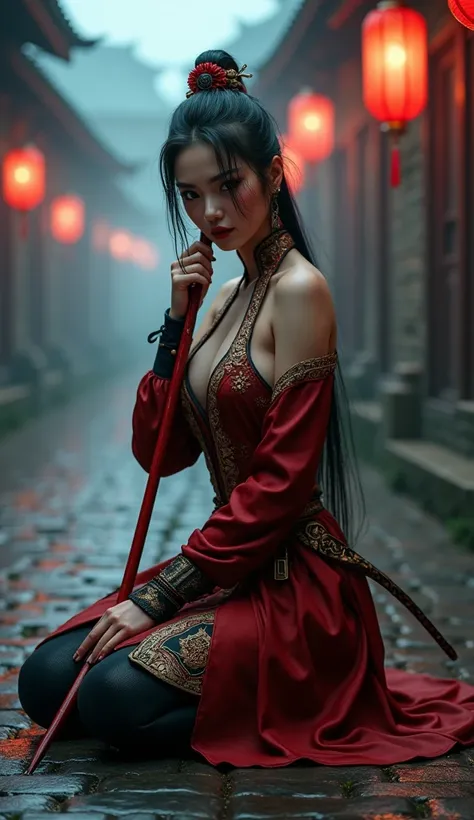 A hyper-realistic 3D illustration of a breathtaking Chinese female warrior kneeling on a cobblestone path in a misty traditional village. Her lifelike, smooth skin bears the natural texture of a human, with a slight sheen from sweat and a faint blush on he...