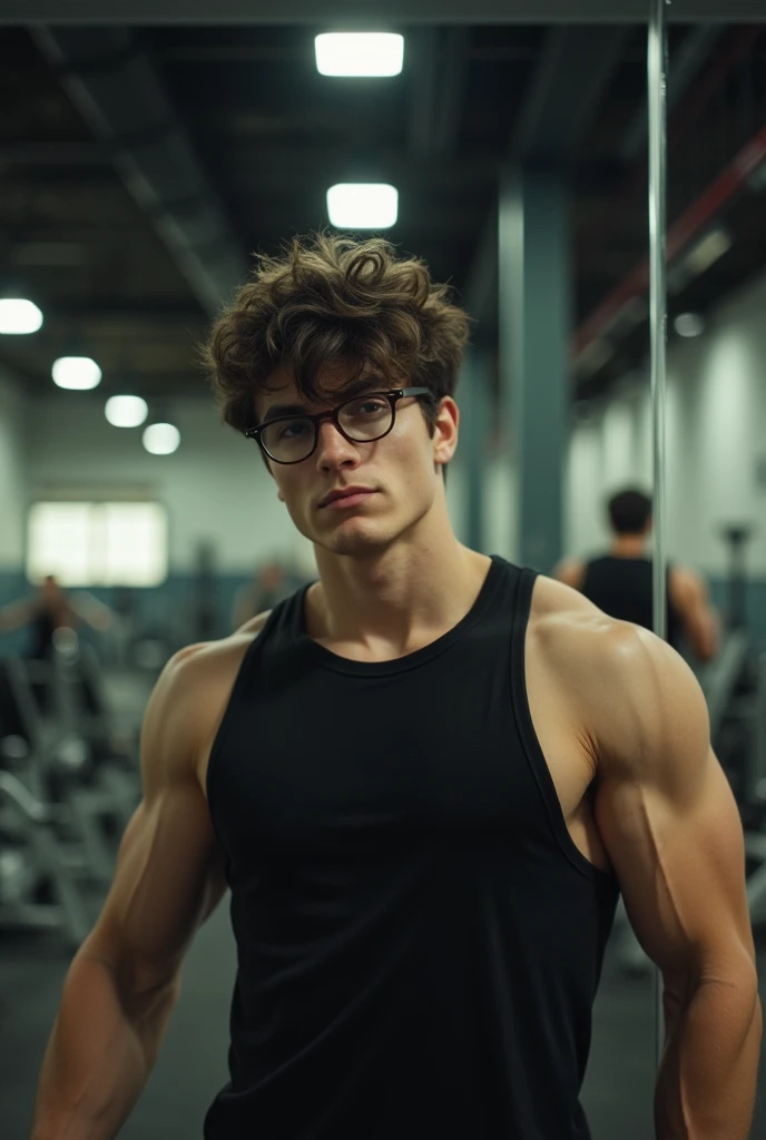 a handsome 19-year-old man, dark hair, realistic, gym photo, cool, black shirt, nice body, muscular, broad shoulders, glasses, mirror selfie in gym, messy hair, photo with big muscular arms, film grain, retro, Porta 160 color, shot on ARRI ALEXA 65, sharp ...