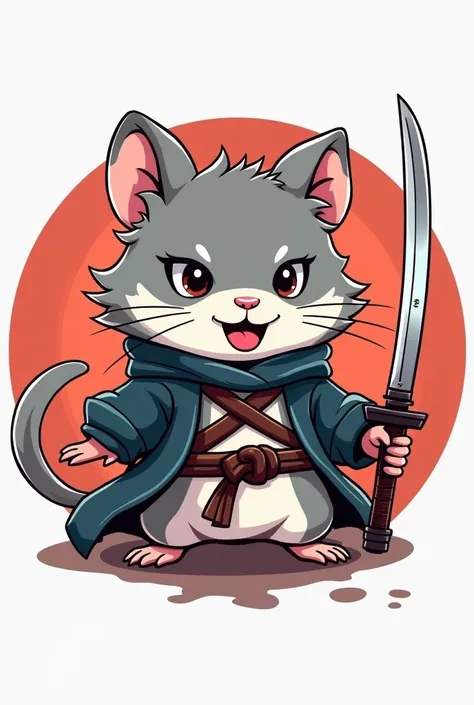 Paint vector art illustration circle logo, with an animated image of a cute gray and white Angora hamster, fierce face, wearing Zoro clothes, holding a sword, attractive design, with the words "Irama hamster farm"