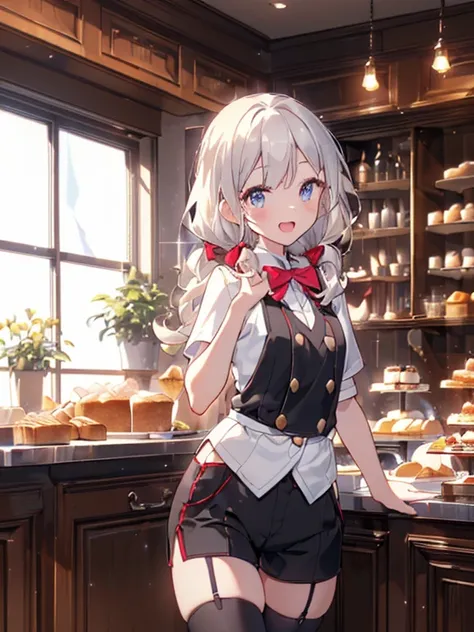 (perky chest:1.2), (pointed chest:1.2),(((Black Tunic:1.3))),(((cakes and bread in the basket),Cute and beautiful girl,(masterpiece), 1girl, solo, adult female, perfect adult female body, (sexy and seductive pose:1.3), bar interior at morning, countertop, ...