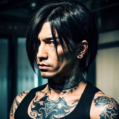 1 man, Japanese man, male, Asian eyes, blue eyes, muscular, broad shoulders, yakuza tattoos, hairstyle Visual Kei style, hair Visual Kei, black mens shirt and black pants, ultra detailed face and eyes , hyperrealistic, realistic representation, long hair, ...