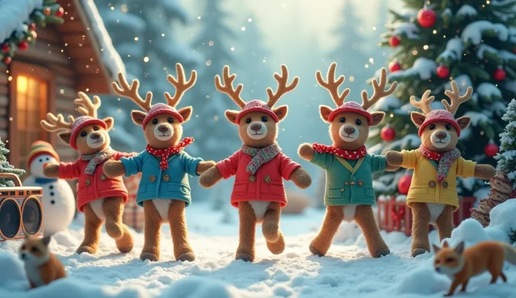 Reindeer wear colorful gear and bucket hats from unknown manufacturers、A 、 Surreal Photos 。Theres a boom box in the corner 。 Snowflakes , ren playing in the snow,  snowy ground , Warm, shining light, Cozy and festive atmosphere, Joyful laughter and smiles,...