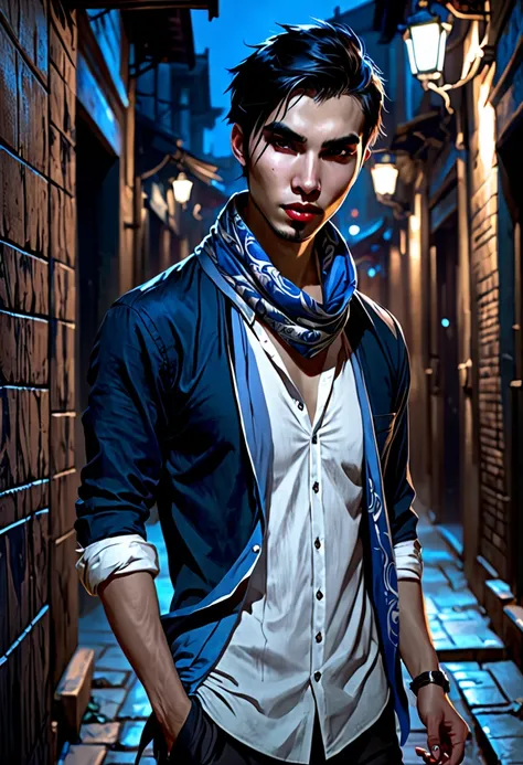 in the style of Charlie Bowater , vampire, young man, torn clothes, asian, knife in hand, agile, scarf around the neck and mouth, hidden in an alley at night, modern european city, blue shirt with white dragon on the shirt