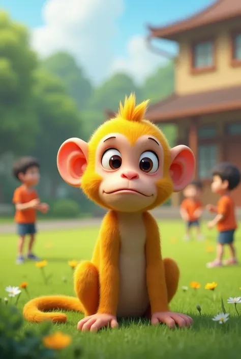  a cute monkey of yellow color with a sad face at school is sitting in the school garden,  looking at 5 boys playing on the school field , ,  background of the school building , ceremonial field garden , 3D Animation
