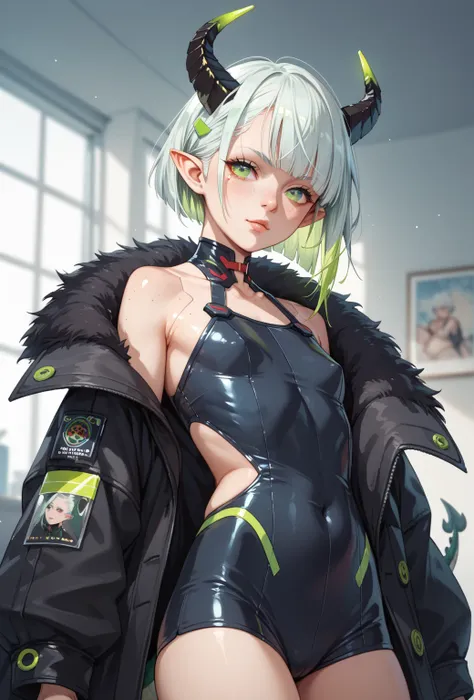 An adult hybrid dragon with a dragonic tail, pointy ears, pale skin with freckles, lime green eyes, with white devil horns, messy short white hair with light green highlights, No human ears. She has a small chest, Wear tight white Cyberpunk costumes covere...