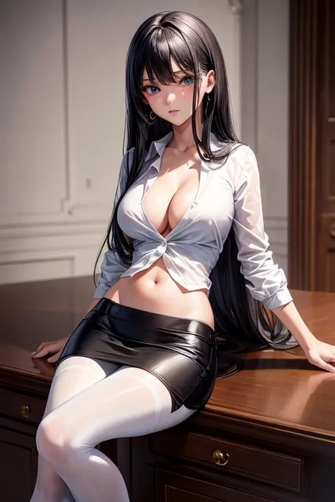 Highly detailed, High Quality, Masterpiece, beautiful, 1girl, solo, adult, black hair, long hair, Sharp eyes, cleavage, white shirt, Open belly, mini skirt, pencil skirt, black pantyhose, high heels, sitting,