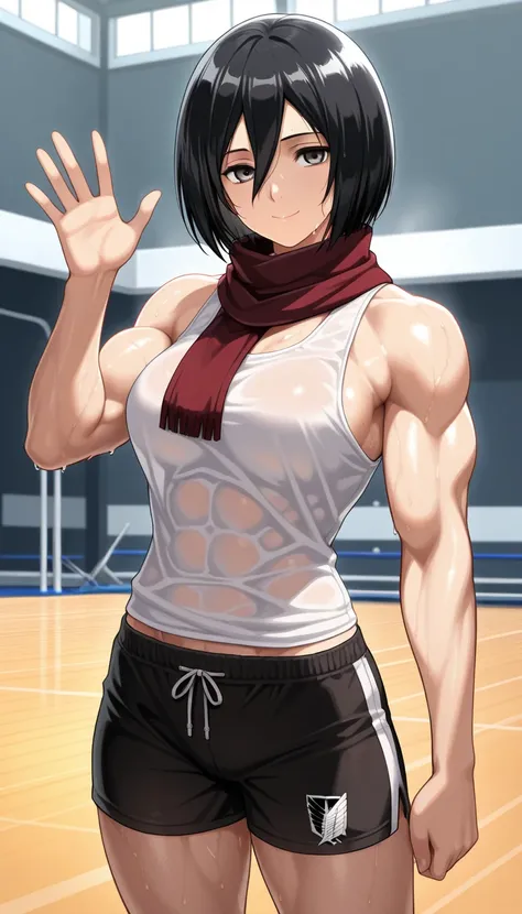 masterpiece, best quality, amazing quality, 1girl, solo, mikasa ackerman, mikasa, black hair, grey eyes, smile, detailed face, red scarf around neck, white tank top, bare shoulders, biceps, muscular arms, abs, boxer shorts, waving hand, sweaty body, sweat,...