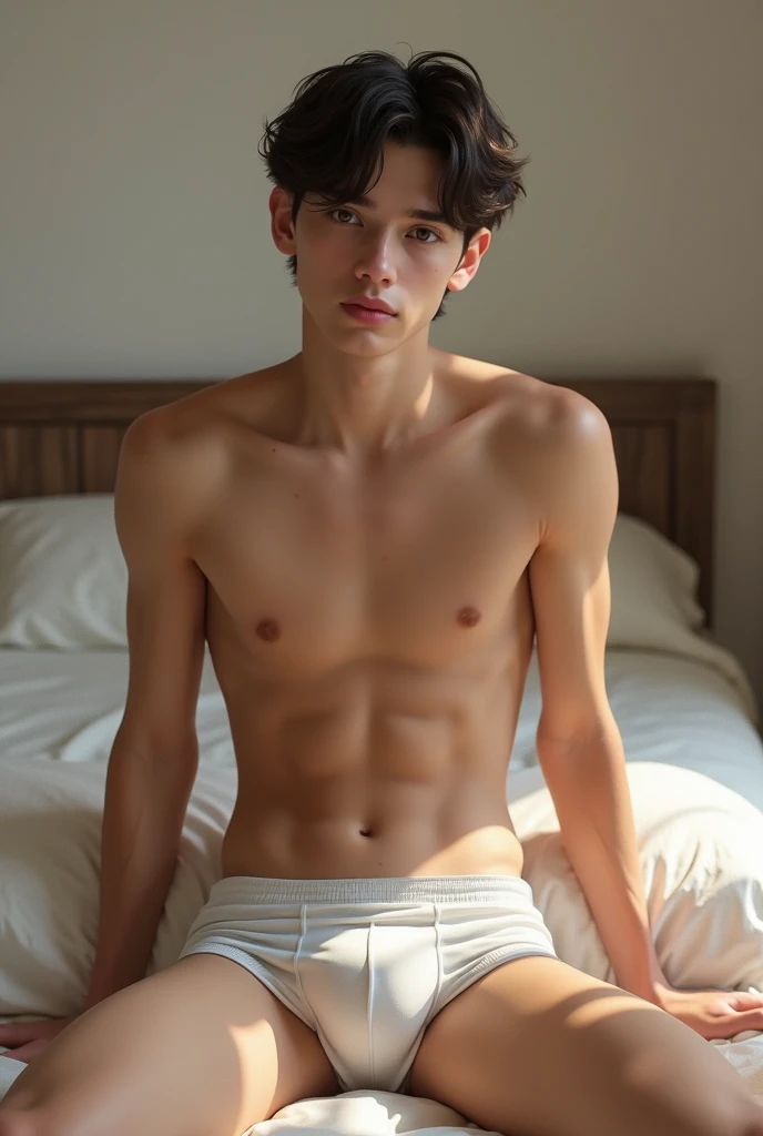 a young guy aged 16-17 is not a thin brunette sitting on the bed with a baby face in white boxers and a big bump