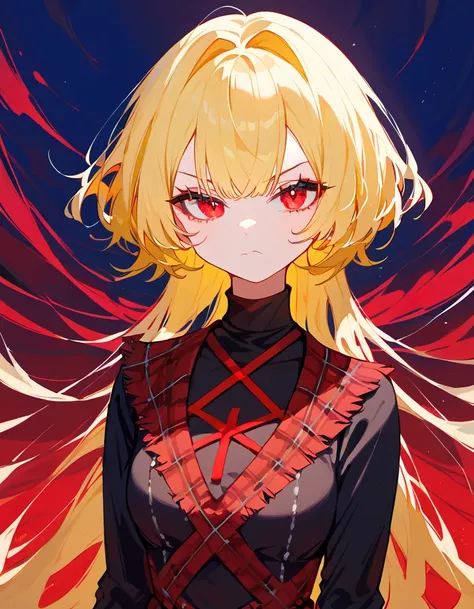 girl,Yellow hair, in red eyes ,Blue and red eyes,In a criss-cross , Black Eyelet ,ผมtwinstails hair,Gui Gangster , long sleeve shirt,Gothic,Plaid skirt,cool,suspicious face???,With black sleeves 