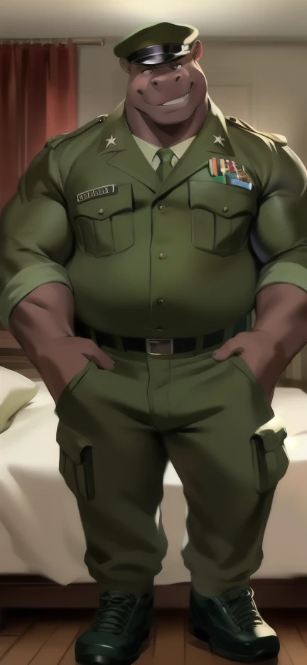 Solo, big male ,huge​ body​,​ sleep ,bed,Grabbed the abdomen, big hippo ,Green military sergeant uniform , Wear combat shoes, overweight, muscular, Smirking , by chunie