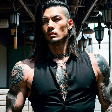 1 man, Japanese man, male, Asian eyes, blue eyes, muscular, broad shoulders, yakuza tattoos, hairstyle Visual Kei style, hair Visual Kei, black mens shirt and black pants, ultra detailed face and eyes , hyperrealistic, realistic representation, long hair, ...