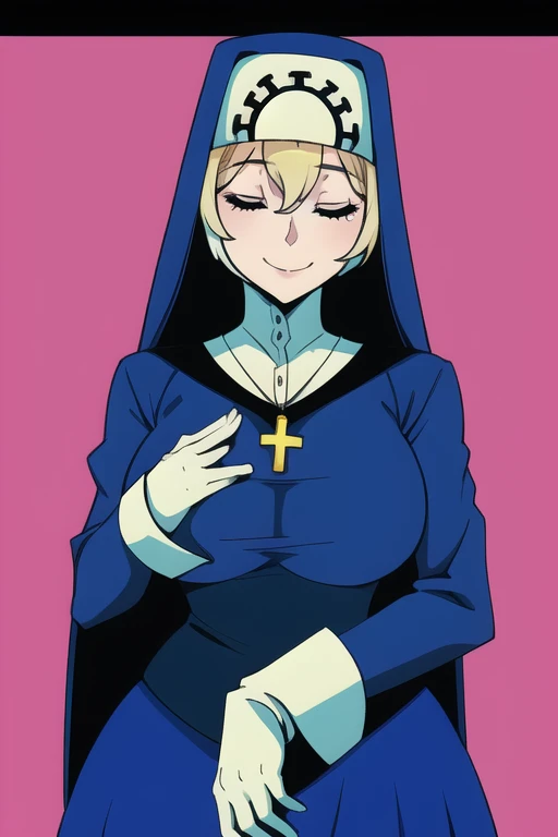 Double, short blonde hair, nun uniform, medium breasts, solo, 1girl, smiling, cowboy shot, closed eyes, 
 blue habit, cross necklace ,white gloves, long sleeves, nun, long skirt, skirt touch the ground,
(insanely detailed, beautiful detailed face,beautiful...