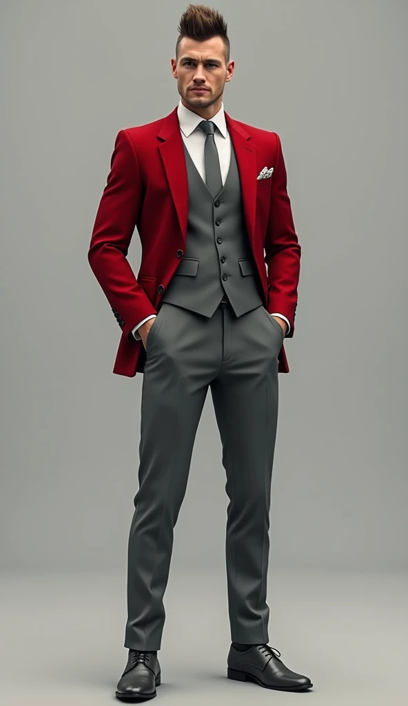 A mans fair complexion brown eyes hair cut mohanwk style short dress suit dress elegant jacket vest pants color scarlet red gray shirt gray tie gray shoes gray gloves full body 