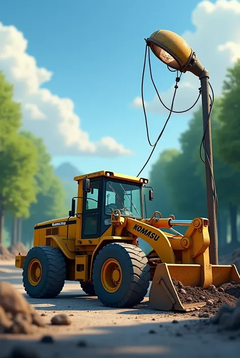  tower lights hit by komatsu grader motor and tower lamp condition ,  events in view from a distance of about 10 meters  , background land disposal area  ,  green forest atmosphere  ,pixar disney 3d  