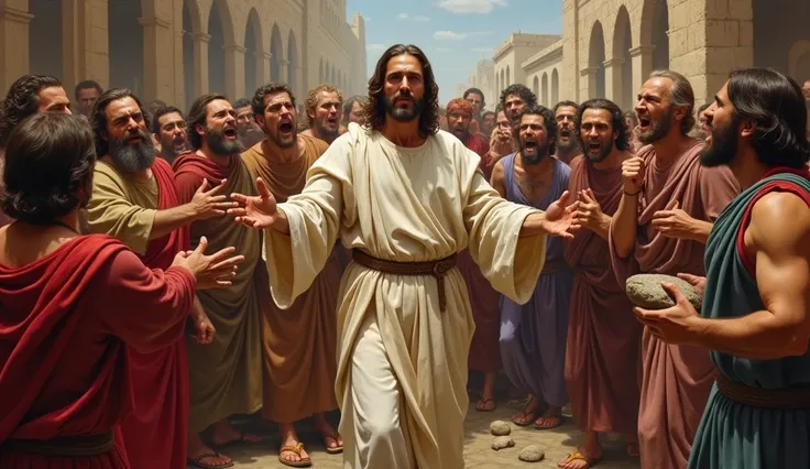 Jesus shared the parable of the wedding feast with people angry holding stones to kill him