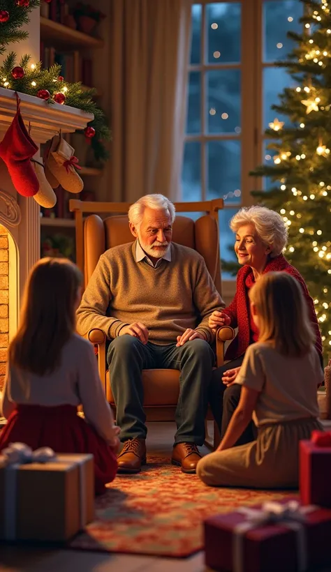 a family gathering around the fireplace, christmas decorations, christmas tree, gift boxes on the ground, an old man sitting on a rocking chair with his wife,