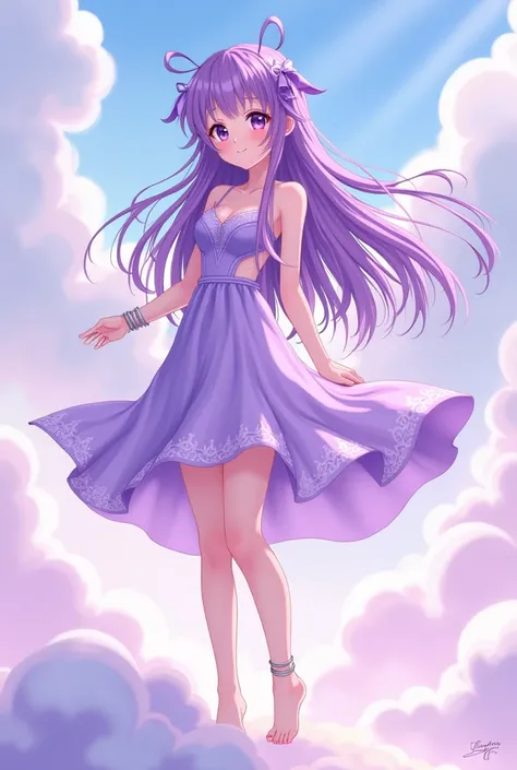 A mature yet cute anime girl with long purple hair, flowing gently as if caught by the wind. Her hair has a gradient from lavender at the roots to deep violet at the tips, soft and airy, with a few purple ribbons caught in the strands. Her violet eyes are ...