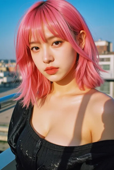 best quality, masterpiece, high resolution, A girl, Super beautiful face, Very beautiful eyes, Very nice pink hair，(magazine cover:1.2)，popular Harajuku style rock fashion，Show your shoulders, emphasis Super huge Very huge , I can see her cleavage 