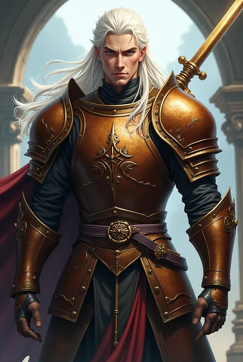 Anime style. Man with pale white skin. White hair. Brown medieval armor. Long sword. 