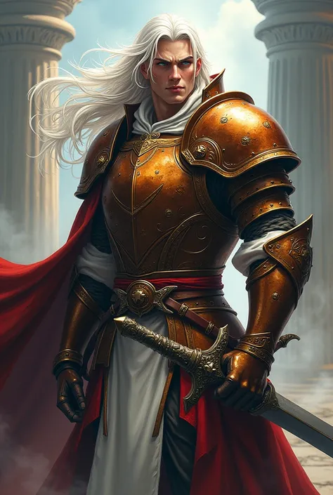 Anime style. Man with pale white skin. White hair. Brown medieval armor. Long sword. 