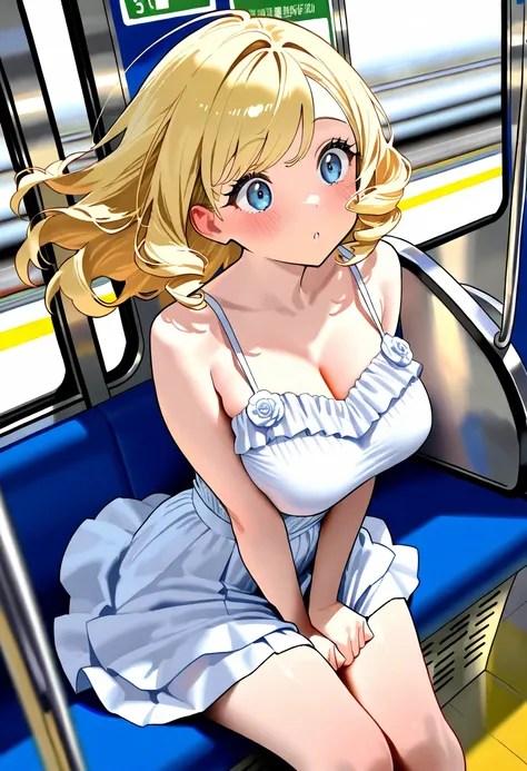 ((Woman in a crowded station)),(( woman in a crowded train station )), blonde hair , bangs,（ shoulder-length perm hair）, wave hair, beautiful figure with perfect details, woman with perfect body , long eyelashes, compensate,  blue eyes ,  embarrassing, dep...