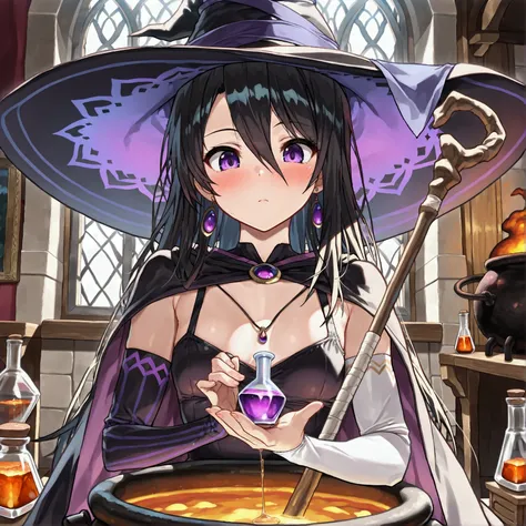 A sorceress with purple eyes preparing a potion in a cauldron,, ((ultra quality)), anime enhancement, ((8k resolution, masterpiece, best quality)), ultra detailed, ultra sharp, perfect colors, perfectly shaded, perfect lighting, very detailed face, perfect...