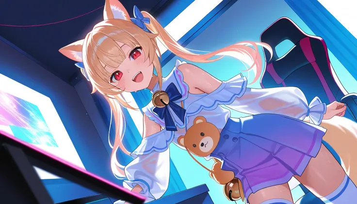 masterpiece, best quality, amazing quality, very aesthetic, absurdres, newest, scenery, 1 girl, animal ears, Thighhighs, tail, long hair, blonde hair, smile, skirt, white background, twintails, :d, bell, long sleeve, Virtual YouTuber, open your mouth, remo...