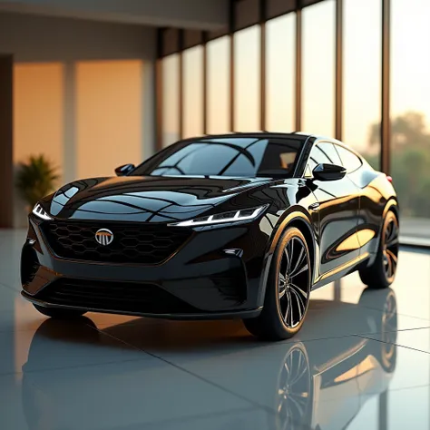 "A black Tata Neno, showcasing a sleek, modern, and  front  design with sharp headlights and a glossy black finish. The high-gloss finish on the cars surface creates a mirror-like reflection of the surroundings, emphasizing its premium appearance. Capture ...