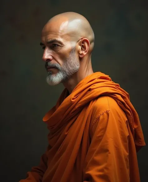 Create a portrait of a fair bald mascular, wise, clean shaven and enlightened man with a hyper-realistic likeness. The man is depicted in a side-facing position, showcasing his serene and contemplative demeanor. Every detail of his face is captured with as...