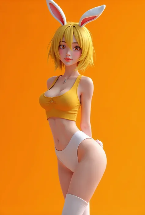 Asian girl, yellow hair, orange eyes, tight yellow crop top, underboob, white panties, bunny ears, sexy, submissive, orange background, perfect breasts, heavy blushing, arms behind back, thigh highs, young, slender, standing,
