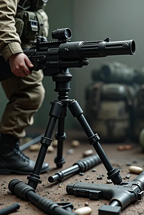  close-up of a light machine gun on a tripod , гранатомёт,  military weapons , realistic  military equipment , , 现实的 military equipment ,  military equipment ,  Pistols and bazookas ,  grenade launcher , holding a гранатомёт,  3d Model,  3d Model,  Heavy c...