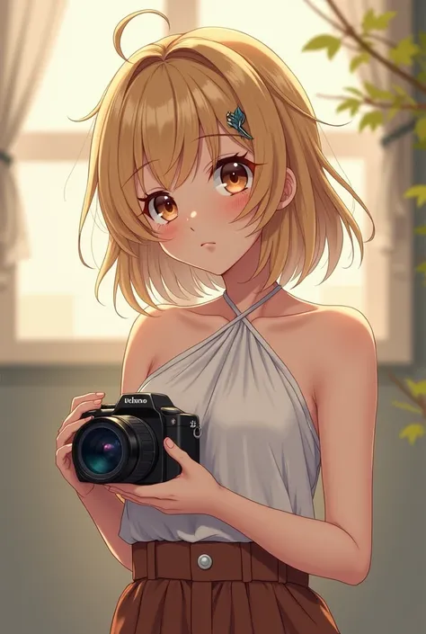 Anime Girl , dark blond,  brown eyes, white halter top, brown skirt , Video camera in hand 